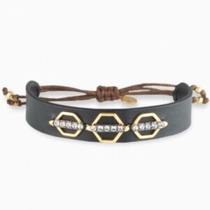 Stella&Dot Brown Gold Leather Adjustable Pulley Terra Bracelet Geometric Design